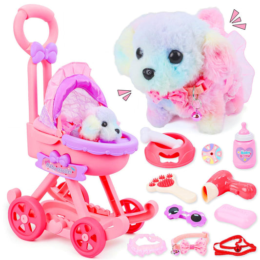 Learn2M 13Pcs Dog Toys for Kids Girls, Pretend Puppy Stroller Playset for Toddler, Electronic Interactive Walking Barking Dog Toy, Pet Care & Feeding Accessories Birthday Gifts for Little Girl 3 4 5 6