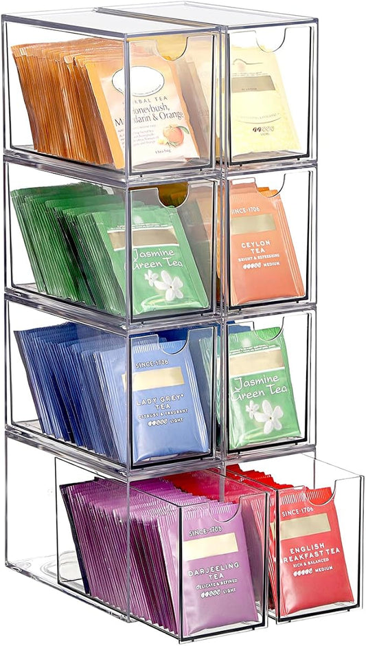 ELLDOO 8 Drawers Tea Bag Organizer, Clear Acrylic Stackable Tea Bag Storage Holder for Kitchen Pantry, Coffee Pod Snack Storage for Countertop Cabinet