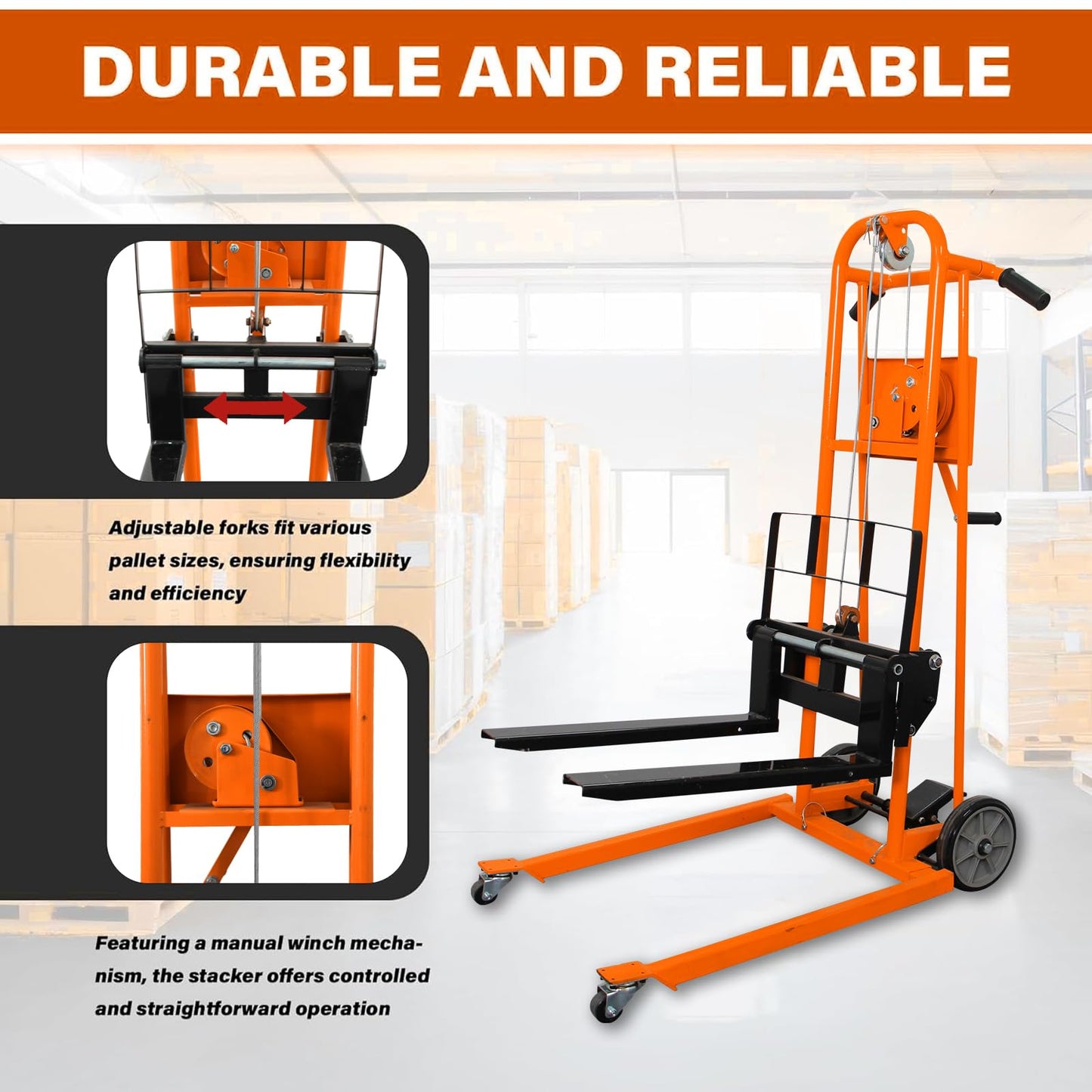 APOLLOLIFT Material Lift Winch Stacker, 500 lbs Capacity 41.4" Lifting Height, Manual Stacker Pallet Jack Truck Dolly with Swivel Casters and Lift Plate(Orange)