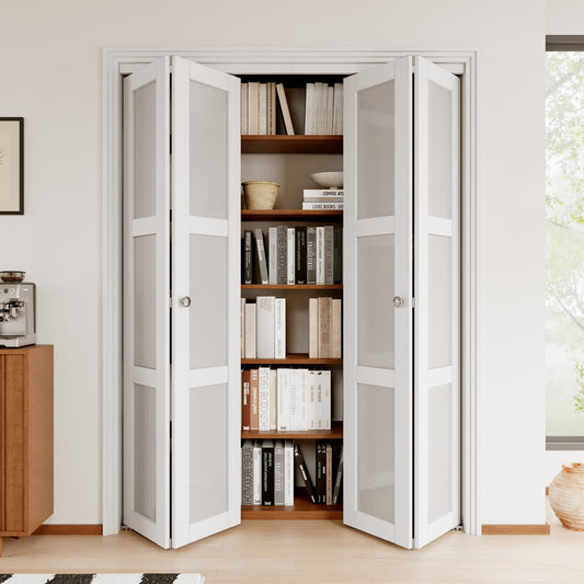 Bifold Doors, 64"x 80" 3-Lite Tempered Frosted Glass Closet Doors with Sliding Hardware Kit, Interior Bi Fold Door for Pantry, Solid Build Quality & Easy Install, White