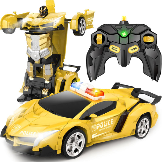 Britik Transform Remote Control Car - Rc Cars, One-Button Transforming, 360° Rotation Drifting, 2.4ghz 1:18 Scale, Gift Kids Aged 4-6 Year Old Boys/Girls, Police Car Yellow