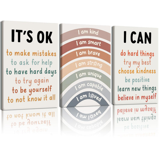 RUMSICH 3-Pcs Children's Motivational Quotes Canvas Framed Wall Art: I am Kind and Brave Wall Decor Artwork with Positive Affirmations Poster Print for Baby Room/Toddler Room Decoration16 x 24 inch