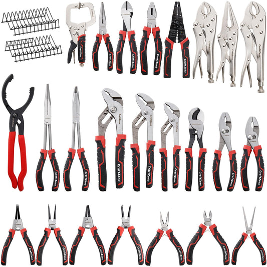 24 Piece Professional Pliers Tool Set with Storage Rack, Snap Ring, Needle Nose, Long Reach, Lineman's, Groove Joint and Diagonal Cutting Pliers, Cable Cutter, Wire Stripper and Filter Wrench