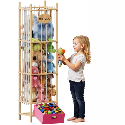 Brelley Stuffed Animal Storage Zoo Wood Toy Storage Organizer with Drawer, Large Toy Chest Stuffed animal holder for Kids Nursery Playroom Bedroom