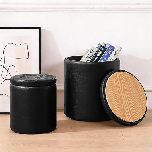 oakvivo Round Ottoman with Storage Set of 2, 12.6" W x 14.17" H & 14.76" W x 17.32" H Faux Footstool Storage Ottomans for Bedroom, Living Room Padded Coffee Table Ottomen, Black