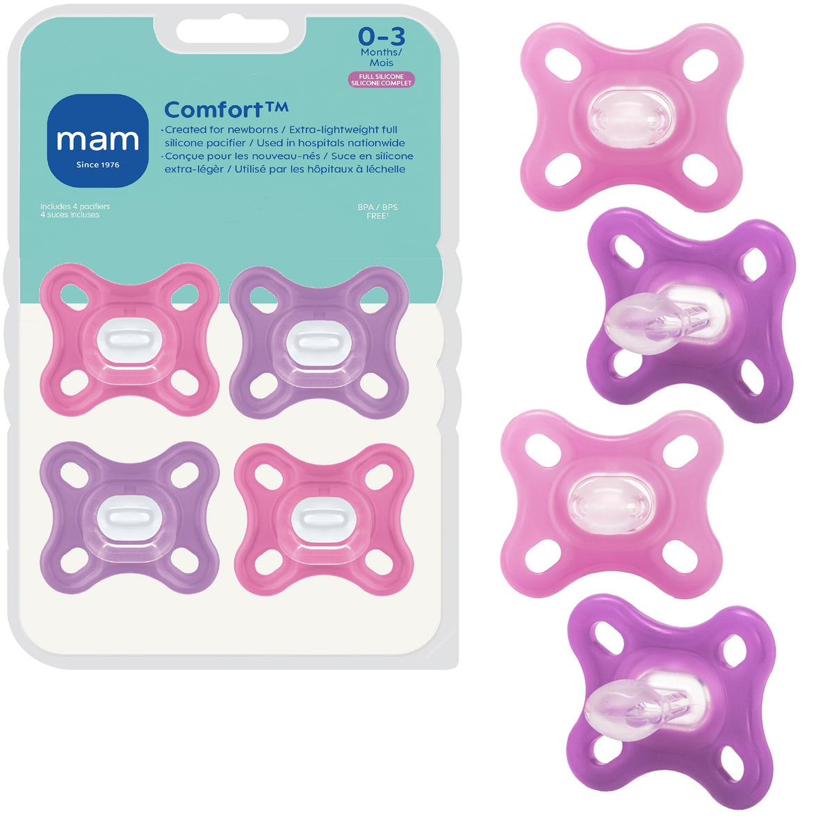 MAM Comfort Baby Pacifier 0-3 Months, Specially for Smaller Newborn Mouths, Lightweight One-Piece BPA-Free Silicone,Easy to Clean, Best for Breastfed Babies, 4 Pk, Made in Europe
