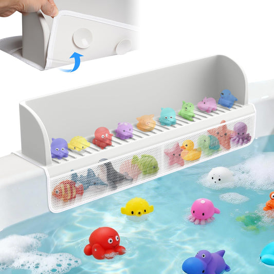 Splash Guard for Bathtub Kids,Toy Tray Caddy Holder Storage,Bath Toy Storage Bag,Guard for Bathtub with Mesh Bathtub Toys Storage,Super Adsorption - Extended Design for Splash Protection,Silicone,Gray