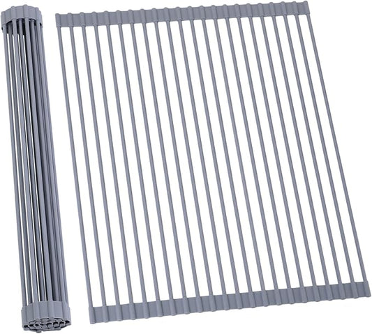 Ohuhu Sink Drying Rack, 20.5" W x 16.1" L Over The Sink Roll-Up Dish Drainer - Rolling Foldable Sink Accessories Heat-Resistant Mat Anti-Slip Silicone Coated Multipurpose for Kitchen Counter