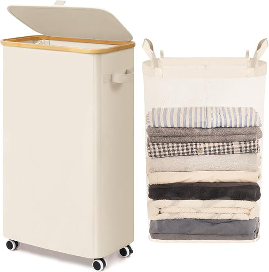 Goodpick Slim Laundry Basket with Wheels and Lid, 75L Narrow Laundry Hamper with Handles Removable Bag, Rolling Clothes Hamper for Dorm Bathroom Bedroom, 17" x 9.8" x 29.5", Beige