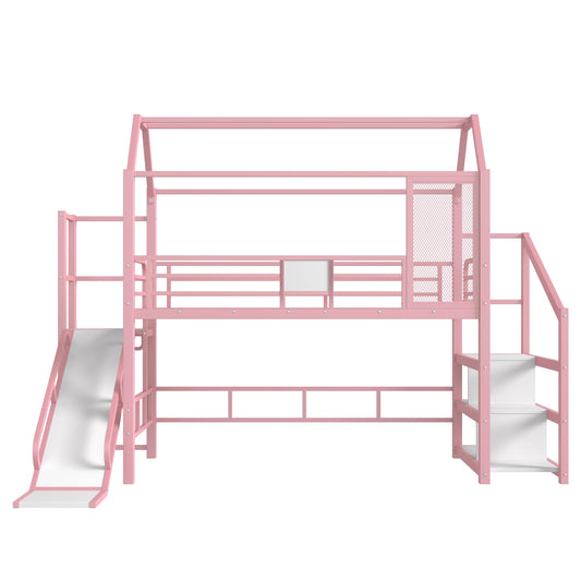 Bellemave Twin Size Metal House Loft Bed with Slide and Stairs,Heavy Duty Playhouse Loft Bed Frame with Storage Shelves for Kids,Teens,Adults,Pink