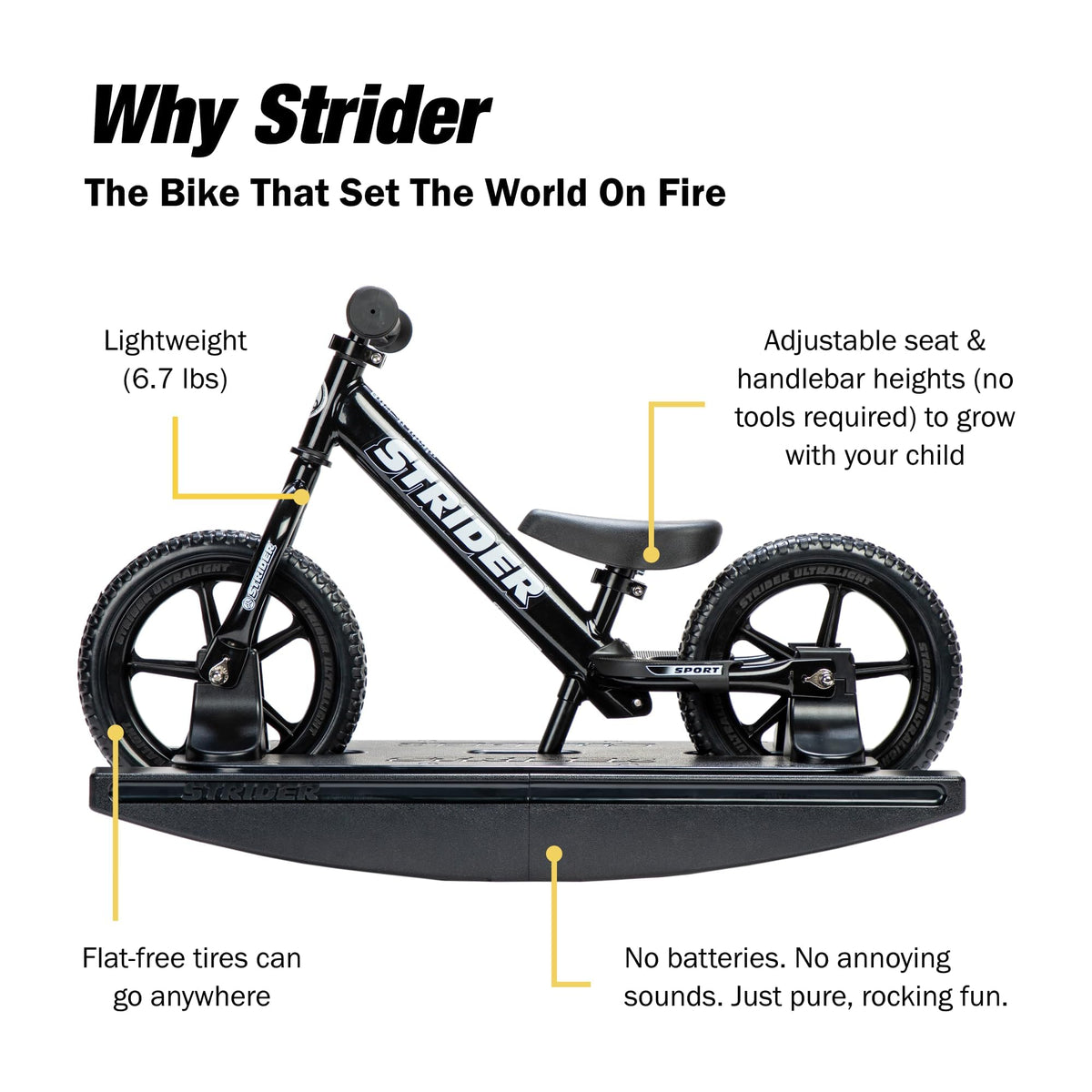Strider Sport 2-in-1 Rocking Bike Black - Helps Teach Baby How to Ride a Balance Bicycle - for Kids 6 Months to 4 Years - Easy Assembly & Adjustments