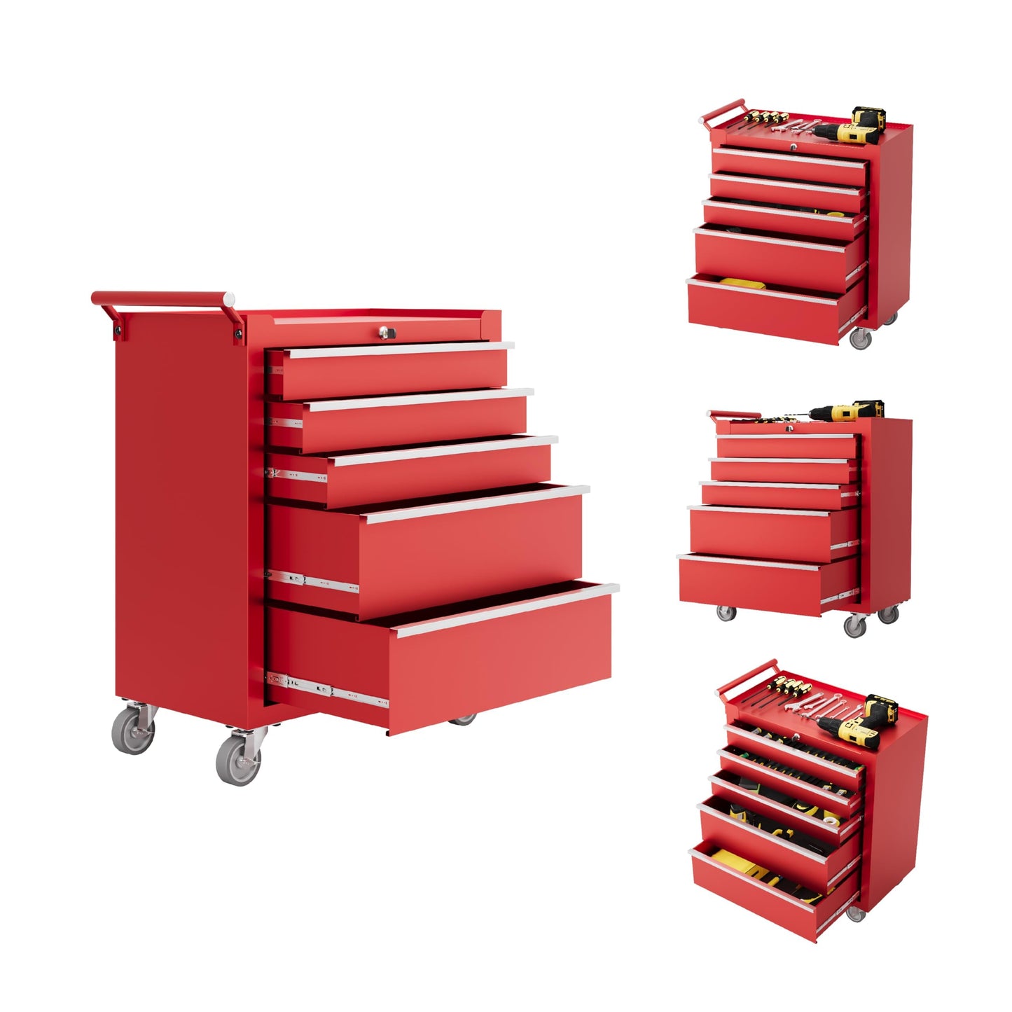 SierraSquad Rolling Tool Chest, 5-Drawer Tool Storage Cabinet, Tool Box with Wheels, Lock System and Drawer Liners, Tool Cart for Warehouse, Workshop and Repair Shop, Red