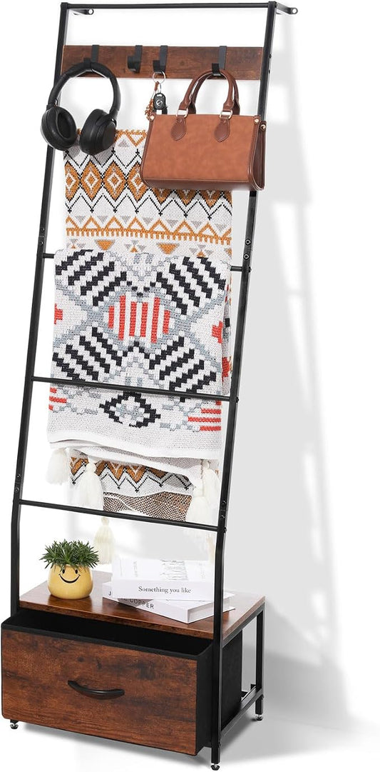 Metal Blanket Ladder with Storage Drawer, 5 Tier Black Blanket Ladders for the Living Room with Hooks, 5.2ft Wall Leaning Quilt Ladder for Blankets, Towels & Throws, Farmhouse Decor