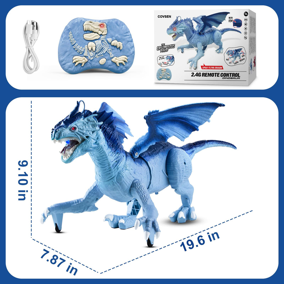 Covsen Remote Control Dragon Toy for Kids – RC Large Dragon Figure with Flapping Wings, Roaring Sound, Mist-Spraying, LED Light-Up Eyes – Birthday for Boys, Girls Ages 3+