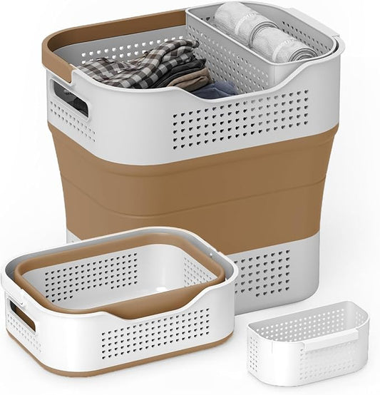 TECHMILLY Collapsible Plastic Laundry Basket Hamper with Handles, 35L Portable Rubber Clothes Basket, Pop Up Storage Container/Organizer with Hanging basket for Washing & Storage, Brown