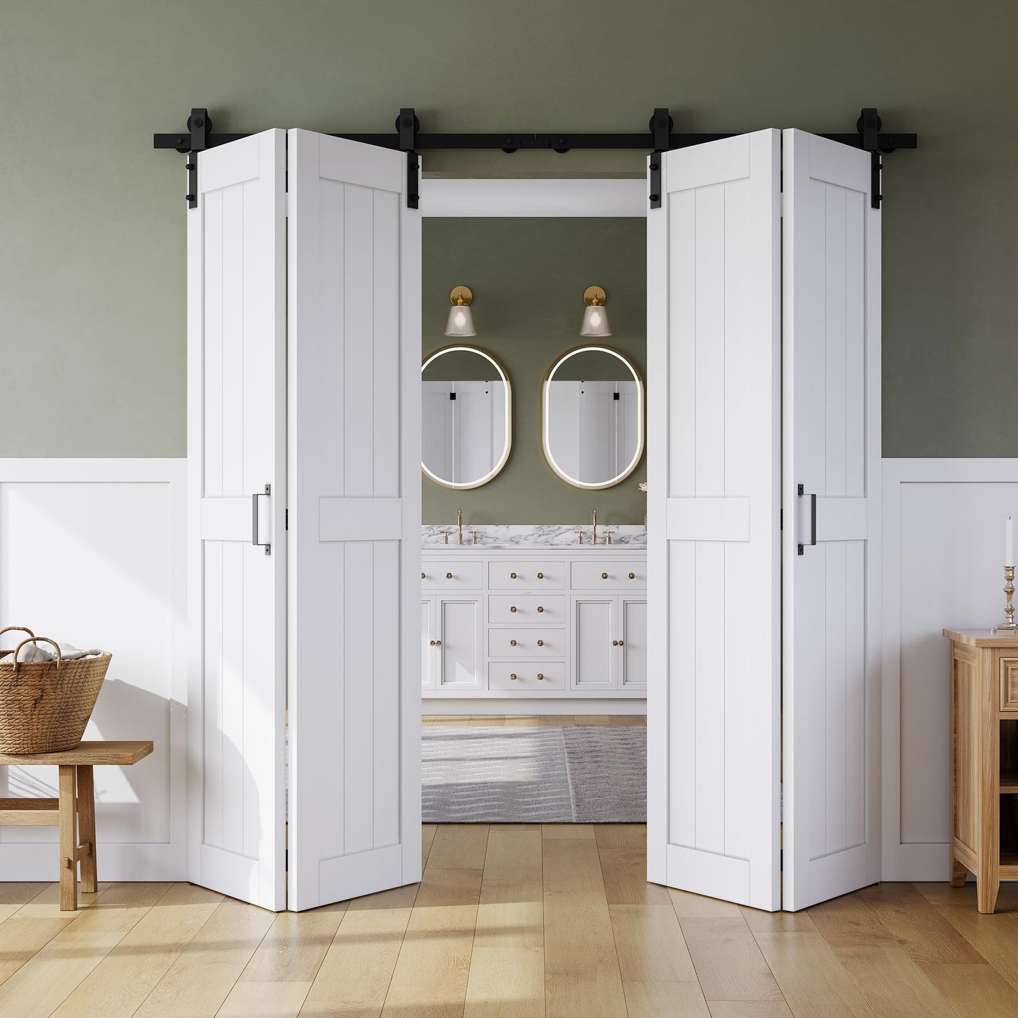Bifold Barn Door 60" x 84", MDF Bi-Fold Sliding Closet Doors with Hardware Kit Included, Pre-Finished Easy Assembly, Water-Proof PVC Surface & Save Space, H-Frame, 68" Track for 4 Doors,White