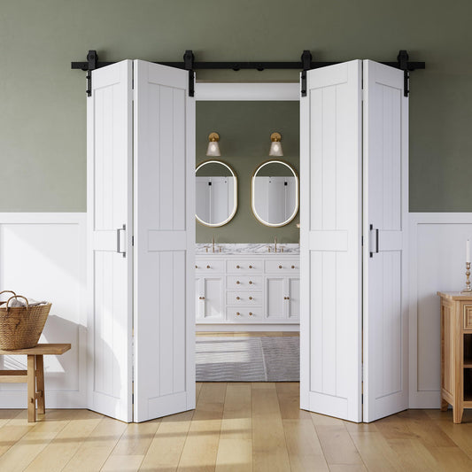 Bifold Barn Door 64" x 84", MDF Bi-Fold Sliding Closet Doors with Hardware Kit Included, Pre-Finished Easy Assembly, Water-Proof PVC Surface & Save Space, H-Frame, 72" Track for 4 Doors,White
