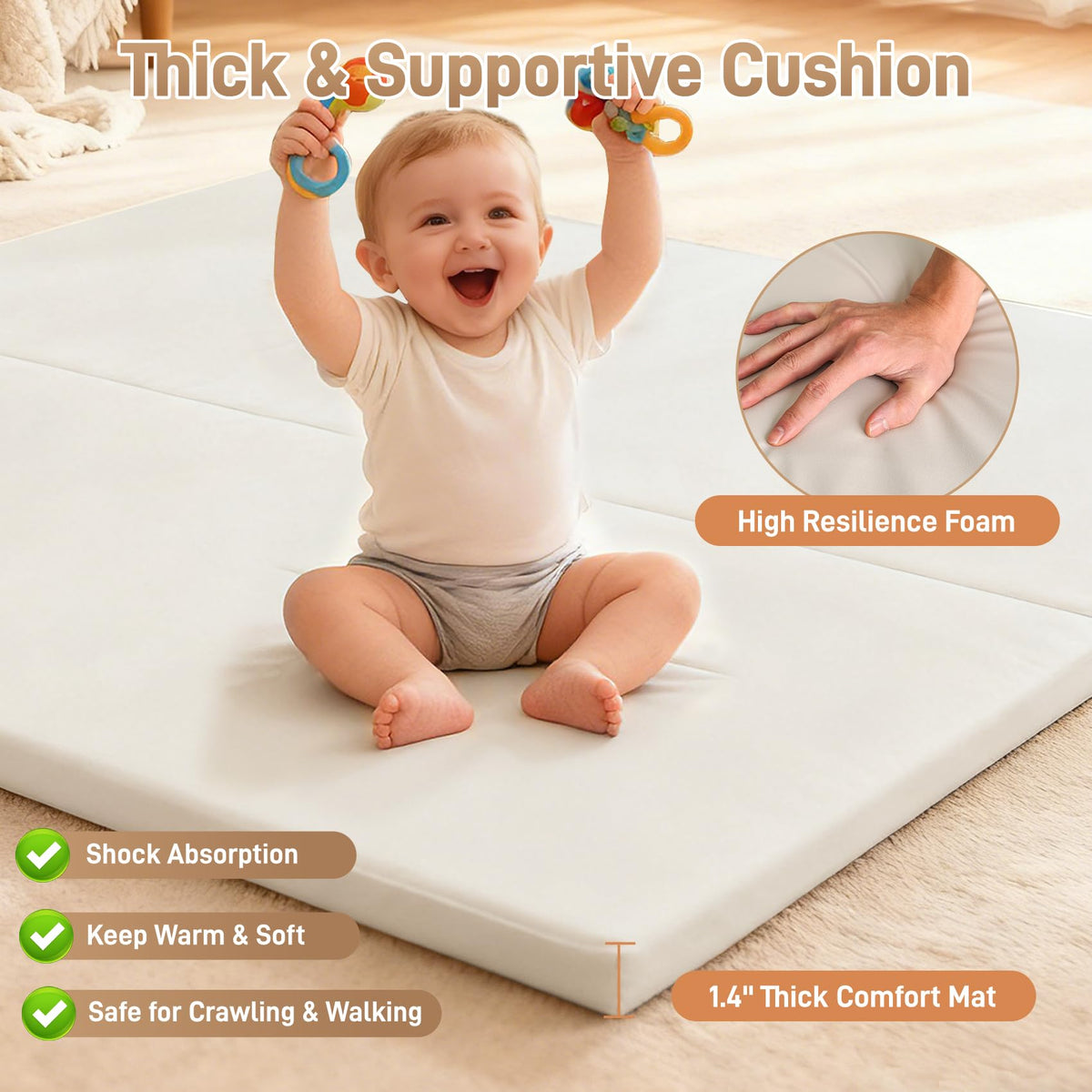 Bootuu Baby Play Mat for Floor 1.4" Thick Memory Foam 50x50 Playpen Mat for Toddlers Infant Kids with Non-Slip Backing Safe for Crawling, Water-Repellent Leather for Tummy Time, Tatami Style(Grey)