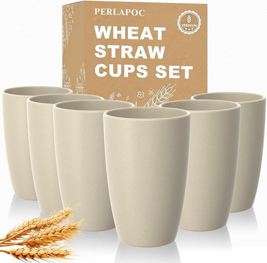 Wheat Straw Unbreakable Cups, Large Cups 20 OZ Set of 6, Alternative to Plastic Cups Reusable, Dishwasher Safe Tumblers & Water Glasses for Kitchen, Parties, Camping, RV, Beige