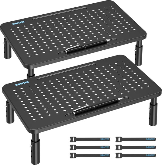 2 Pack 14.5 9.1, BONTEC Monitor Stand Height Adjustable Metal Riser with Pen Holder, Black, x Ergonomic Desktop Stand