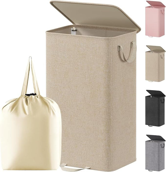 Lifewit Single Laundry Hamper with Lid and Removable Laundry Bags, Large Collapsible 1 Dividers Dirty Clothes Basket with Handles for Bedroom Laundry Room Closet Bathroom College, 100L Beige
