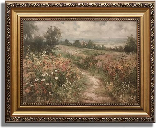 KBKBART Gold Framed Canvas Wall Art - Vintage Countryside Wildflower Field Painting | Rustic 9"x12" Decor