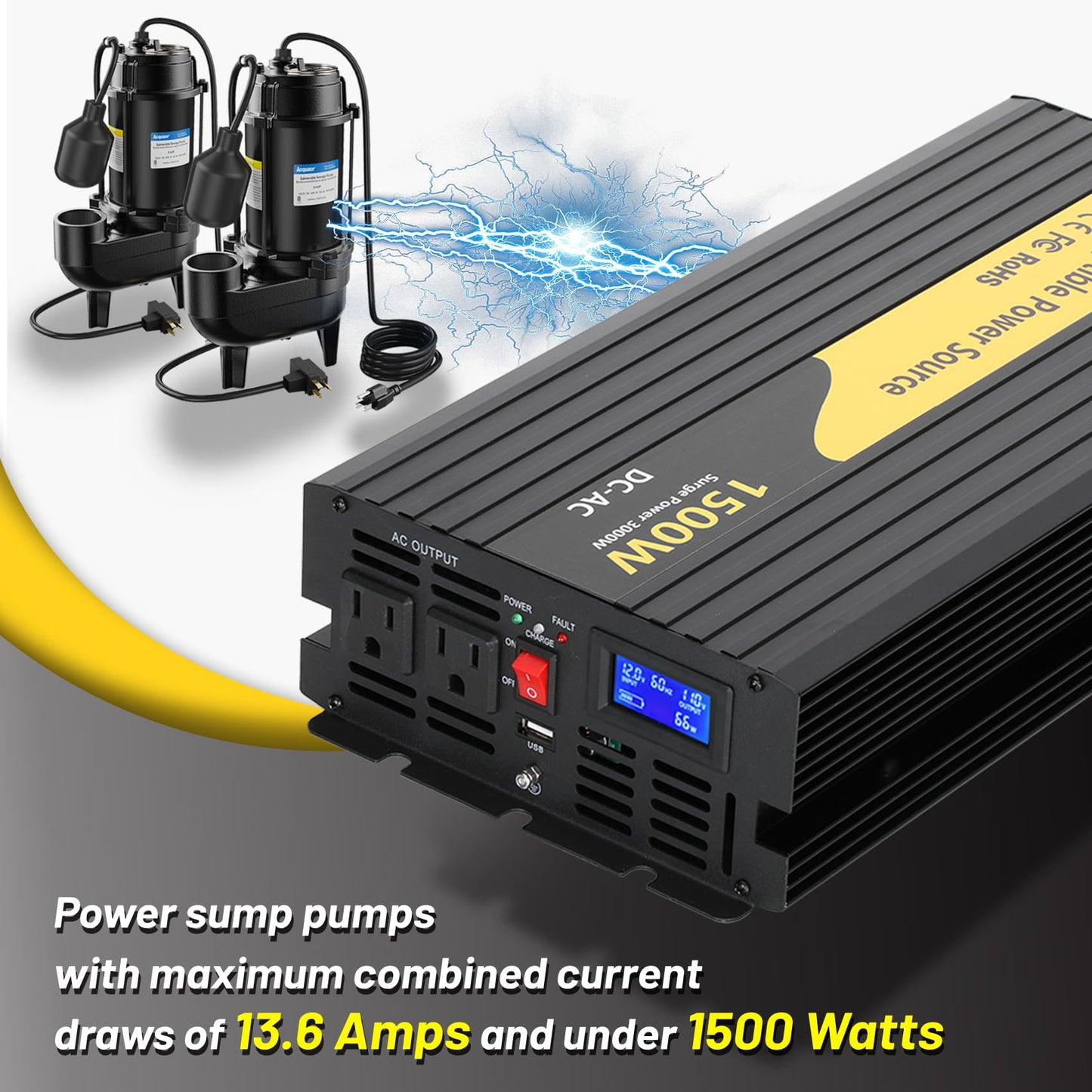 1500W Primary Sump Pump Backup System(No battery) Basment Protection Backup Inverter, Black, LCD Display, Auto Switches for Continuous Sump Pump Operation, Basement Emergency and Power Outage Backup