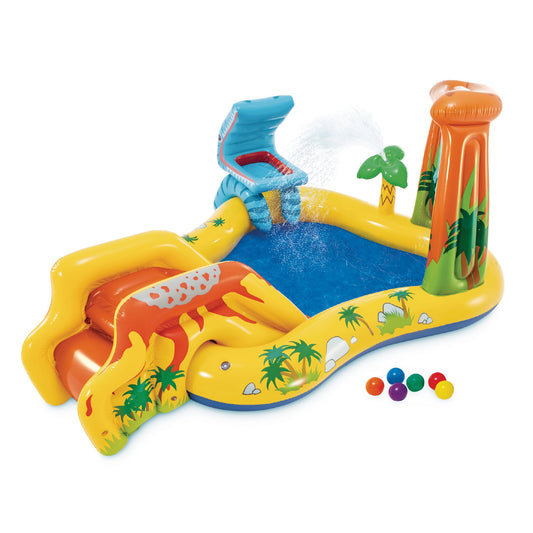 Intex Inflatable Dinosaur Play Center Outdoor Playhouse Inflatable Water Park with Kid Pool Slide, Water Sprayer, Waterfall, and 6 Balls, Multicolor