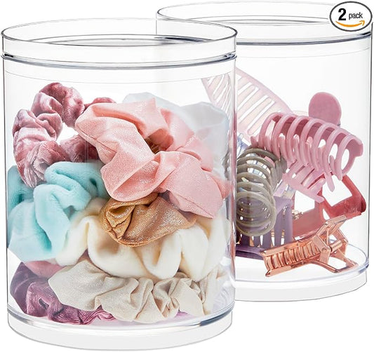 STORi Bella Tall Scrunchie Holder | Stackable Clear Plastic Container (Set of 2) Round Vanity Storage Organizers with Lids for Hair Accessories & Beauty Supplies | Made in USA