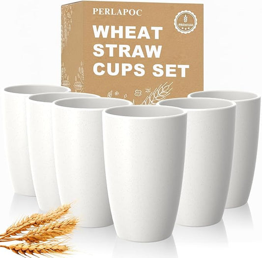 Wheat Straw Unbreakable Cup, 20 OZ Reusable Water Drinking Glasses Sets of 6, Lightweight Glass Cups, Alternative to Plastic Cups, Dishwasher Safe Tumbler for Kitchen Outdoor Camping, White