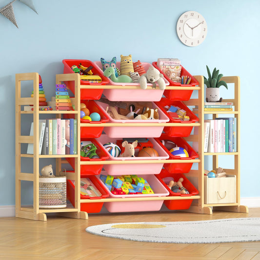 Ratulie Large Toy Storage Organizer Kids Toy Organizer and Bookshelf Combo with 12 Bins and 6 Shelves Toy Organization Box Toy Shelf for Playroom, Bedroom, Nursery
