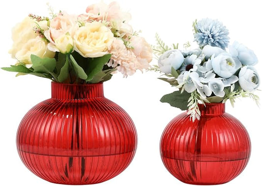 Red Glass Vases for Tulips, Set of 2, Flower Vases for Bouquet, Ribbed Glass Vase for Flowers, Short Vase for Living Room, Office, Coffee Table, Shelf, Wedding