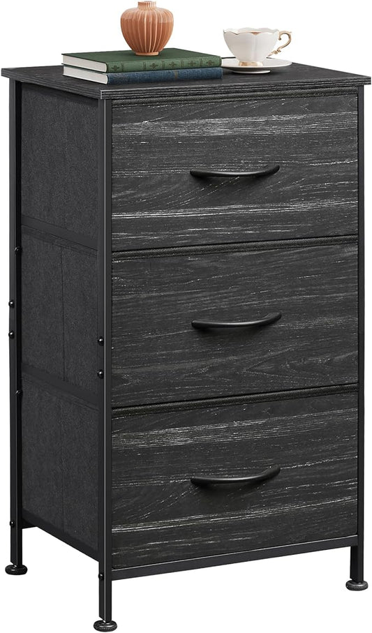 WLIVE Nightstand with 3 Drawers, Fabric Dresser, Organizer Unit, Storage Dresser for Bedroom, Hallway, Entryway, Closets, Steel Frame, Wood Top, Easy Pull Handle, Charcoal Black Wood Grain Print