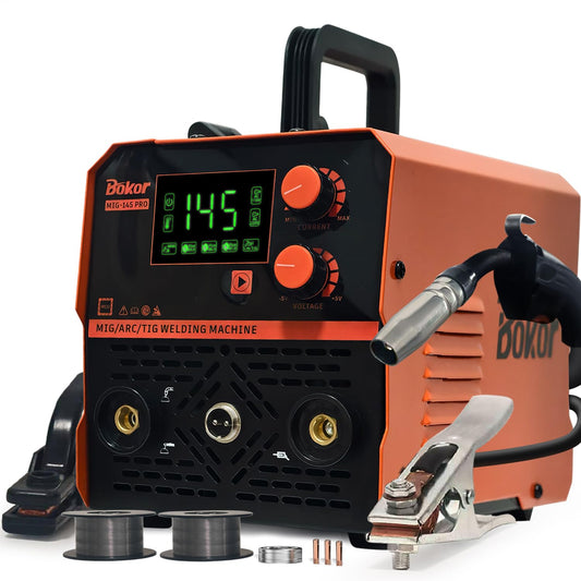 Bokor 3 in 1 MIG Welding Machine, 110V/220V Dual Voltage MMA/Lift TIG/Flux Core MIG Welder, IGBT Inverter Technology with Large LED Digital Display (MIG-145PRO)