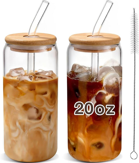 Iced Coffee Cups with Lids 2 pcs: 20 oz Glass Cups with Lids and Straws as Coffee Bar Accessories - Beer Drinking Glasses - Reusable Glass Tumbler,Cute Coffee Cups for Coffee,Juice,Gifts