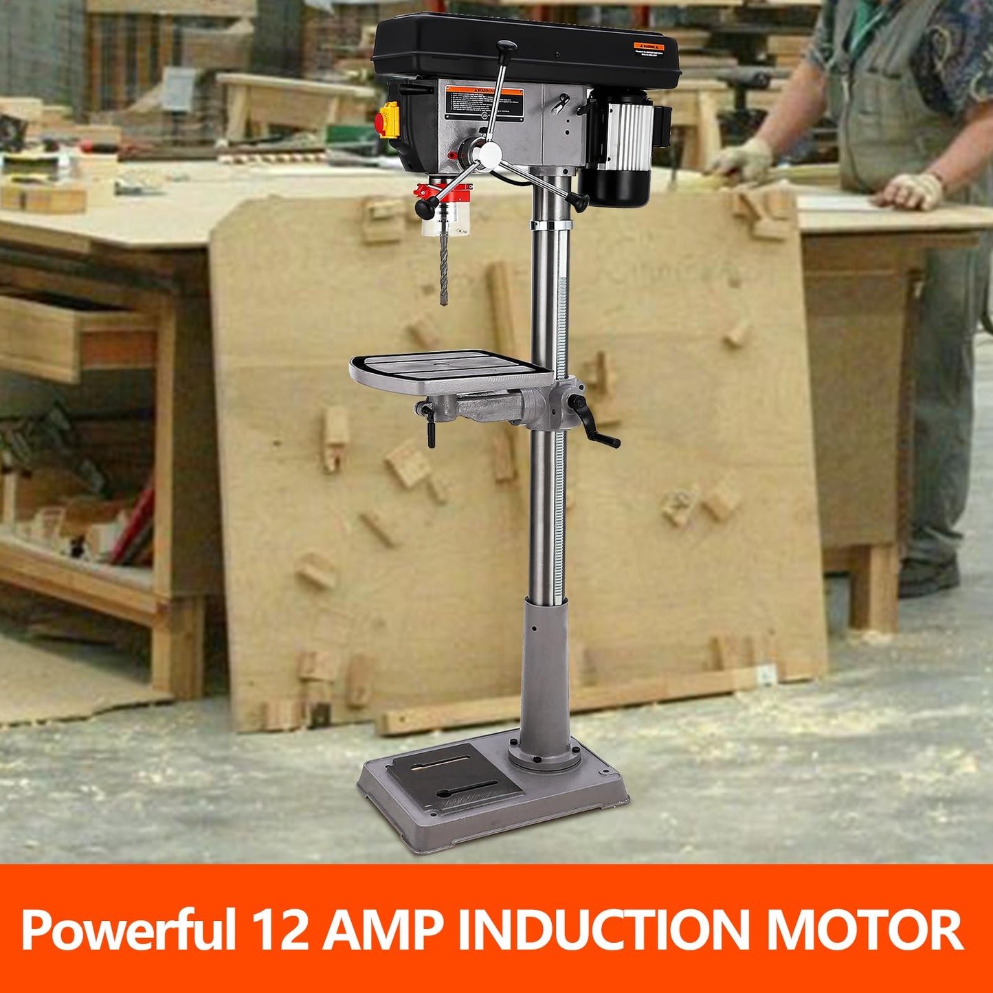 17 in Floor Drill Press, CuisinAid 12 Amp 120V Pure Copper Motor, 200-3630 RPM Variable Speed Cast Iron Bench Drill Press, 0-45° Tilting Worktable, Tabletop Drilling Machine for Wood Metal
