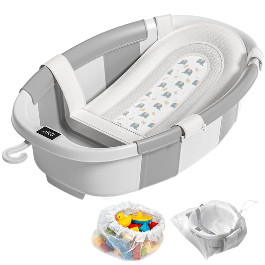 Collapsible Baby Bathtub with Soft Cushion and Thermometer, Newborn to Toddler Tub 0-36 Months with Toy Storage Mesh Bag, Portable Travel Bath for Infants (Grey)