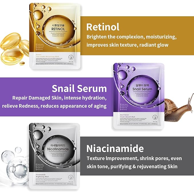 12 Pack Sheet Face Masks Skincare, Collagen Face Mask Hyaluronic Acid Hydrating Face Sheet Masks for Women Skin Care, Vitamin C Face Masks for All Skin Types, Moisturizing, Brightening, Anti-Aging