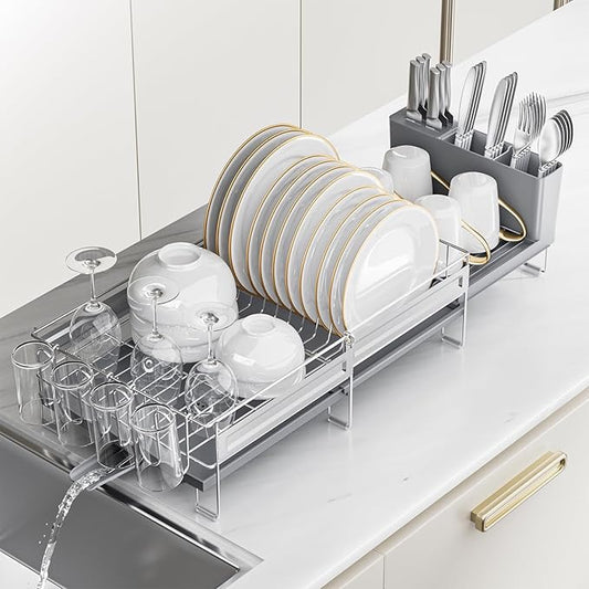 Stainless Steel Dish Drying Rack - Expandable Dish Racks for Kitchen Counter Organizer with Drain Board, Detachable Utensil & Cup Holder, Dish Drainer for Small Kitchen Counter, Grey