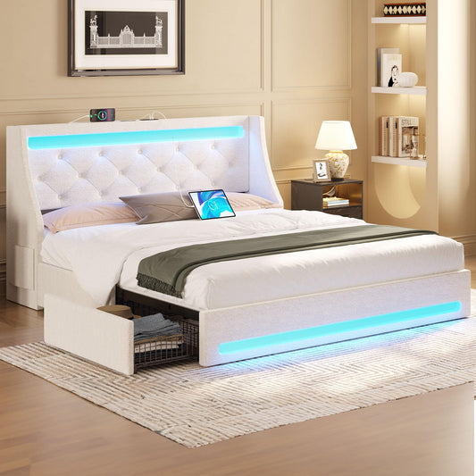 Rolanstar Queen Bed Frame with LED Lights and Charging Station, Upholstered Bed with Drawers, Wooden Slats, Noise Free, Easy Assembly, Beige