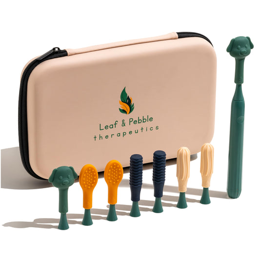 Leaf and Pebble TheraVibe Oral Motor Therapy Pen Kit with 8 Textured Tips | Natural Silicone Therapy Stimulator Tool for Speech & Feeding | Sensory Vibration Device for Autism, ADHD & Special Needs