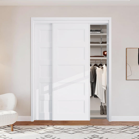 BARNSMITH 60x80 in 5-Panel Bypass Sliding Closet Door, Steel Frame White Primed Bypass Door with Top & Bottom Track Hardware Kits, Paintable and Lightweight