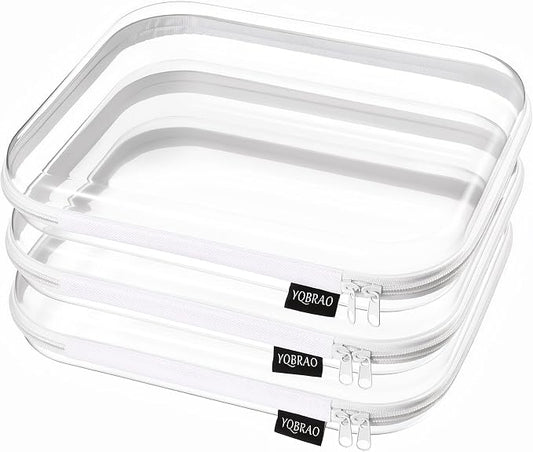 YQBRAO 3-Pack Large Clear Hard Shell Zipper Case, 1.2mm Rigid Toy & Cosmetic Bags, Heavy-Duty Diaper Bag Pouch Set with YKK Zippers, Waterproof Travel & Makeup Organizer