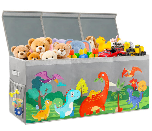 KORVAX Extra Large Toy Box Chest with Lids, Collapsible Toy Storage Organizer for Kids, Dinosaur Toy Bin Box for Toddlers Boys Girls, Toy Organizer for Living Room Nursery Playroom Bedroom Home Grey