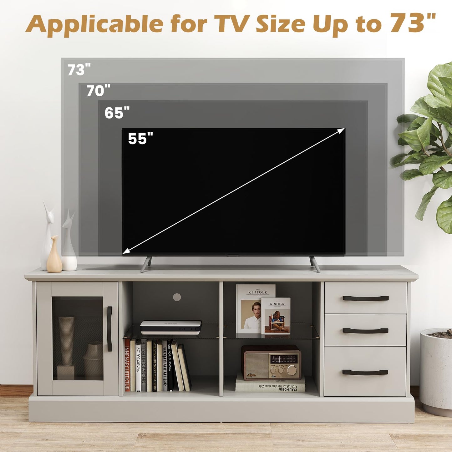 Giantex Farmhouse TV Stand for 73 Inch TV, Wood TV Console Table w/Removable Glass Shelves, Cable Management Holes & Drawers, Rustic Entertainment Center with Storage for Living Room, Bedroom, Grey