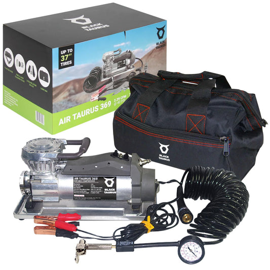 Black Taurus Portable Air Compressor - 12V Air Compressor / 24V 150 PSI for Car, Truck & 4x4, Dual Motor Heavy Duty Tire Inflator, Tire Inflator with Gauge, Long Air Hose - Air Compressor 369