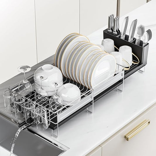 Stainless Steel Dish Drying Rack - Expandable Dish Racks for Kitchen Counter Organizer with Drain Board, Detachable Utensil & Cup Holder, Dish Drainer for Small Kitchen Counter, Black