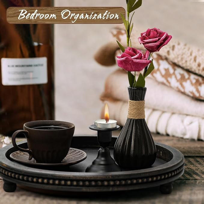KULEDM Wooden Tray Decor, Small Beaded Coffee Table Tray Decor, Black Round Decorative Tray for Coffee Table, Dining Room Table Entryway and Living Room Table