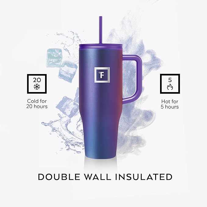 IRON °FLASK Co-Pilot Insulated Mug w/Straw & Flip Cap Lids - Cup Holder Bottle for Hot, Cold Drink - Leak-Proof - Water, Coffee Portable Travel Mug - Sand, 40 Oz