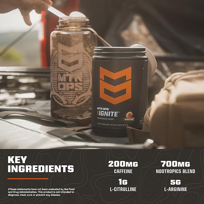 MTN OPS Ignite Energy Drink Powder, Gluten Free Nootropic Supplement Drink Mix, L Arginine, L Citrulline, Caffeine & Nootropic Sugar Free Drink Mix, 45 Servings, Peach Zing